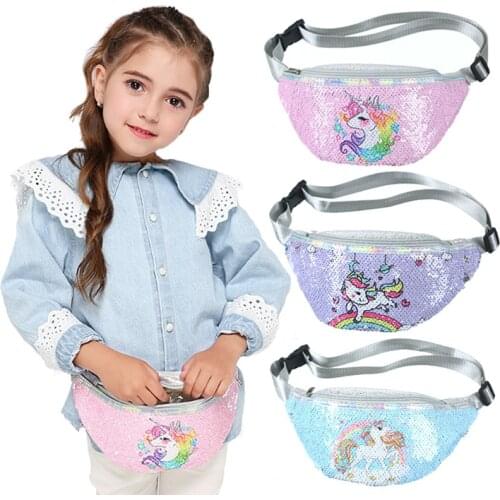 Fashion Unicorn Sequin Fashion Girls Waist Bag Fanny Pack Children Cartoon Sequins Printing Chest Bag Outdoor Travel Pouch