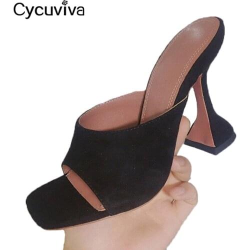 Square Open Toe Mules Black Suede Women Slippers Strange High Heels Shoes Women Summer Sandals Runway Party Dress Shoes Woman