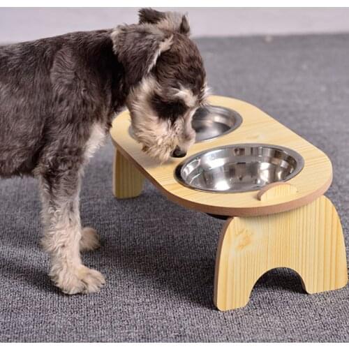 Non-slip Stainless Steel Pet Cat Double Bowl With Wood Raised Stand Pet Food And Water Bowls For Cats Dogs Feeders Bowl