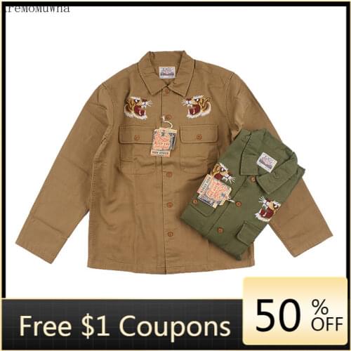 New Products Japanese Embroidery Tiger Head Yokosuka Tiger Down The Mountain Canvas Workwear Long Sleeve Shirt Harajuku Shirt