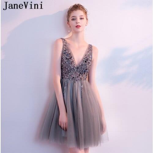 JaneVini Charming Gray Tulle Sequins Beads Short Bridesmaid Dresses Sexy Deep V Neck Backless A Line Girls Homecoming Dress 2018