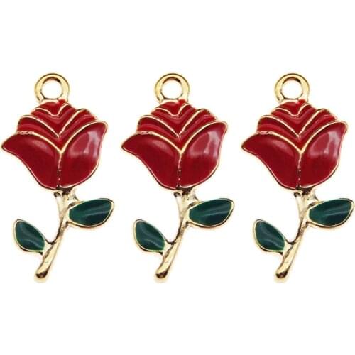 Wholesale 20PCS/Lot Gold Color Enamel Red Charm Grace Rose Look Charms Handmade Pendant DIY Fashion Necklace Jewelry Findings