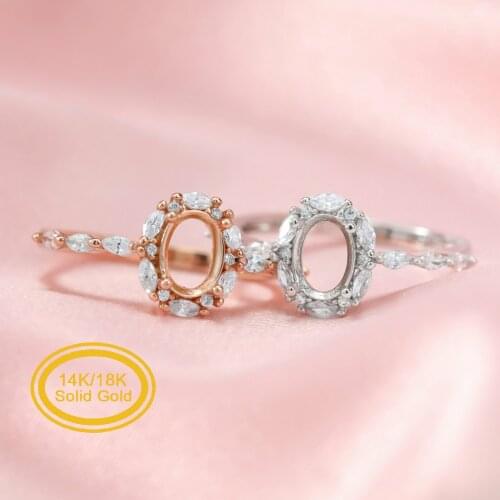 Oval Prong Ring Settings Solid 14K/18K Rose White Gold with Moissanite Accents DIY Vintage Style Bezel Tray for Gemstone 1224061