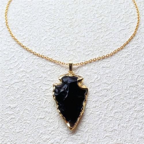 FUWO Natural Black Tourmaline Necklace With 24K Gold Filled Genuine Semi-precious Stone Hand Carved Arrowhead Necklace NC051