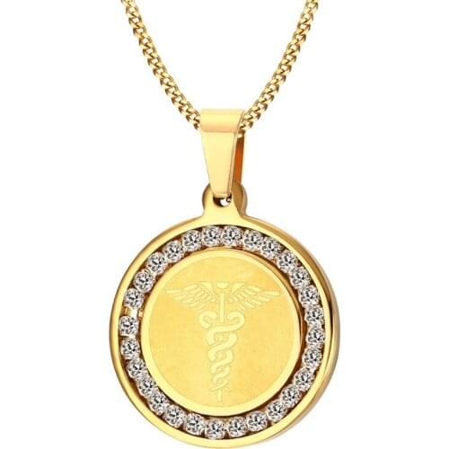 Stainless Steel Zircon Medical Logo Pendant Necklace Snake Rod Jewelry N00574