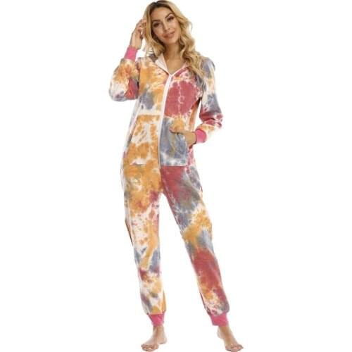 Winter Tie-dye Hooded Warm One-piece Pajamas for Women Casual Zipper Long Sleeve and Long Pants Tracksuit