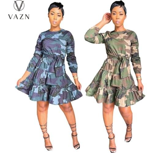 VAZN 2021 Camouflage Print Holiday Full Sleeve Elegant Mini Dresses Sexy Club Birthday Women Elegant Fashion Dress