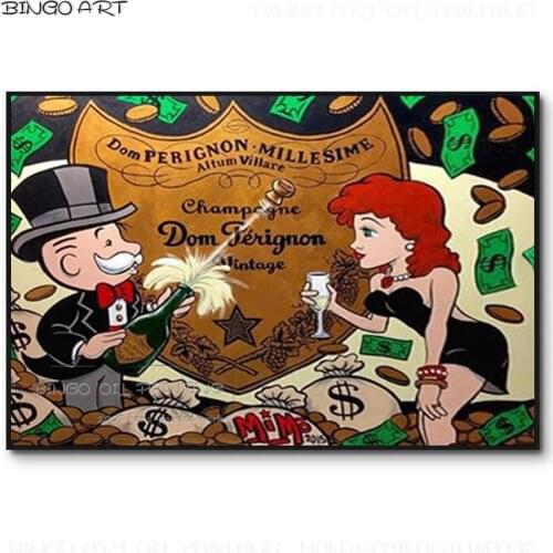 Pop Fine Art Rich Man Opening Champagne Oil Painting Hand-painted American Wall Art Rich Man and Sexy Lady Figure Oil Painting