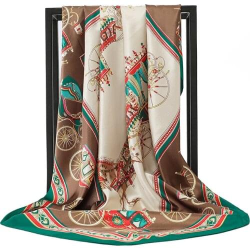 Silk Scarves Womens Carriage Printed Neckline Square Scarf Womens Shawl Handkerchief 90cm Muslim Headscarf Handkerchief Scarf