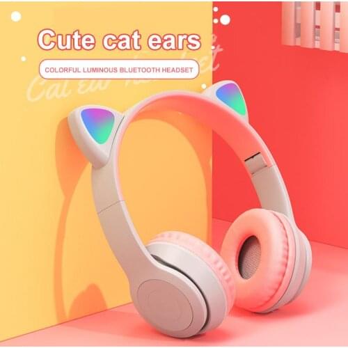Cute Cat Ears Wireless Headphones With Mic Can Control LED Kid Girl Stereo Music Helmet Phone Bluetooth-compatible Headset Gift