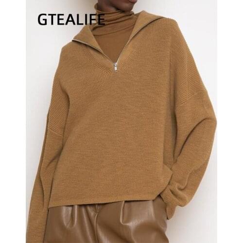 2021 New Womens Sweaters Winter Autumn Long Sleeve Turn-down Collar Loose Oversized Sweaters Zipper Pullovers Jumpers Knitwear