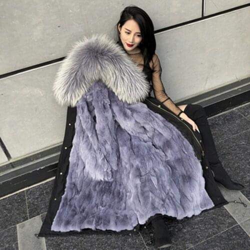Winter Real Fur Coat Long Parka Waterproof Jacket Women Big Natural Raccoon Fur Collar Hood Thick Warm Real Rabbit Liner sleever
