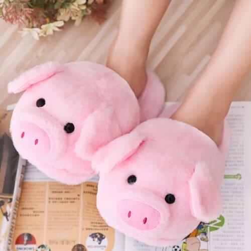 2021 Women Winter Bedroom Plush Warm Faux Fur Slippers Fashion Cute Cartoon Pink Pig Furry Indoor Shoes Floor Fluffy Slides