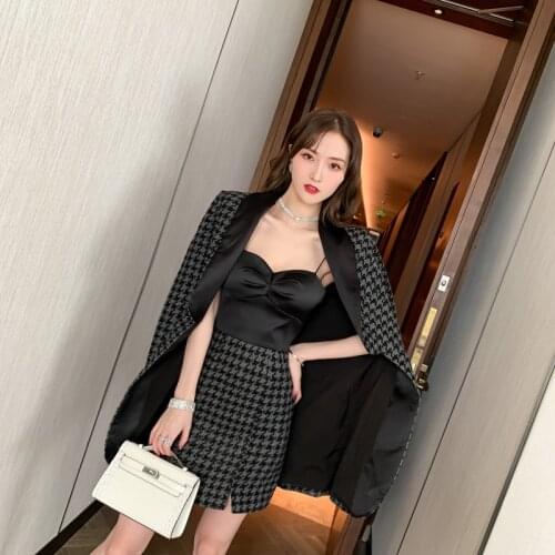 Spring Winter 2021 Sexy Two Piece Set for Women Bright Silk Tweed Jacket and Houndstooth Patchwork Strapless Sexy Dress Ladies