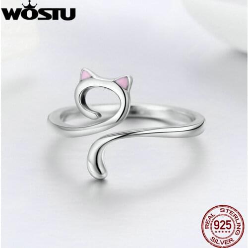WOSTU Cute Cat Fashion Ring Real 925 Sterling Silver Animal Kitty Cat Finger Rings For Women Party Silver 925 Jewelry FIR341