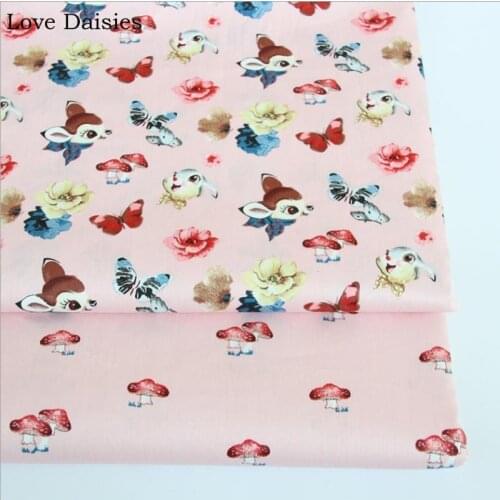 100% Cotton PINK Cartoon Little Rabbit Deer Gold Flower Burgundy Mushroom Twill Fabrics for Apparel Dress Home Decor Handcraft