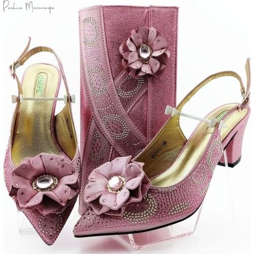 2020 Lastest Pink Color Appliques Style Italian Design High Heels Women Shoes and Bag Set For Royal Party