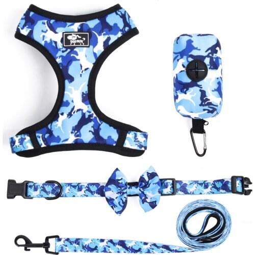 4PCS Set Adjustable Dog Harness Vest Camouflage Reflective Pet Leash Bow Collar And Storage Bag For Small Medium Dog Puppy Cat