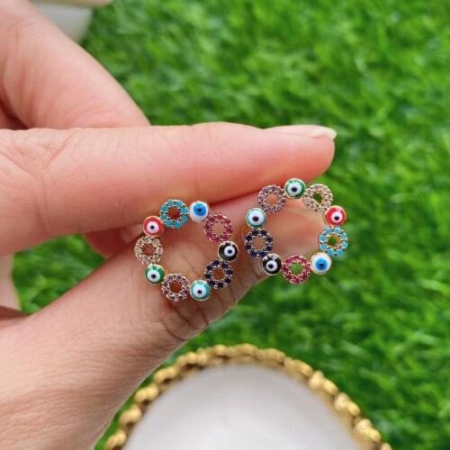 5 Pairs, Enamel Eye Hollow Round Stud Earrings For Women New Cute Gold Color Rainbow Crystal Circle Ear Stud Jewelry