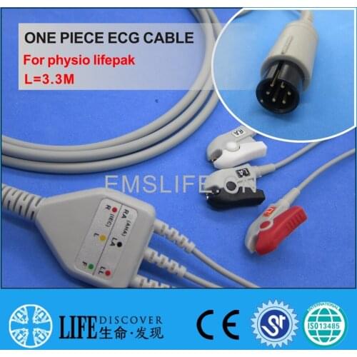 One piece ECG cable with 3 clip lead wires For physio lifepak patient monitor