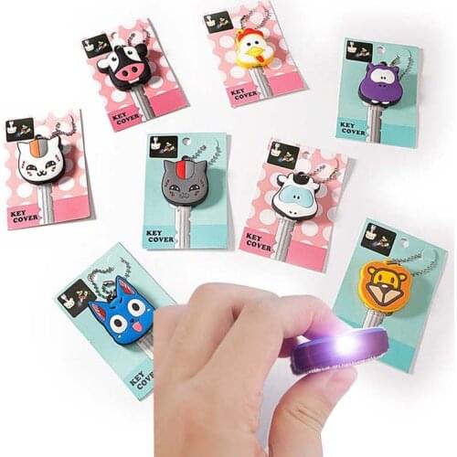 Cartoon Cat Animals Key Cover With Small LED Lamp Soft Silicone Protective Case Key Control Dust Cover Holder Key Chain Pendant