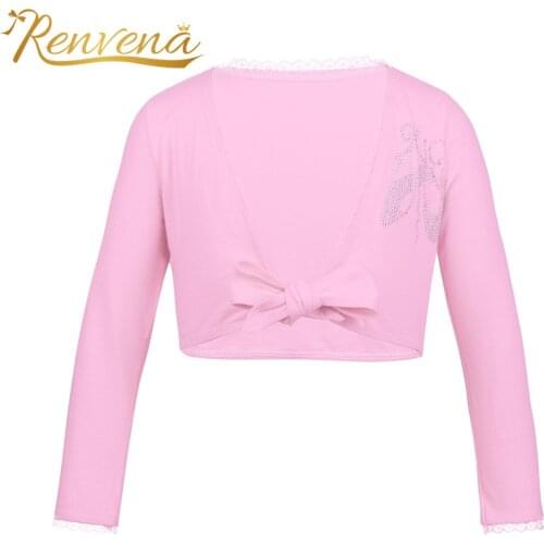 Kids Girls Classic Long Sleeve V-neck Front Knot Cotton Ballet Dance Wrap Top Ballet Gymnastics Leotard Cardigan Childrens Coat