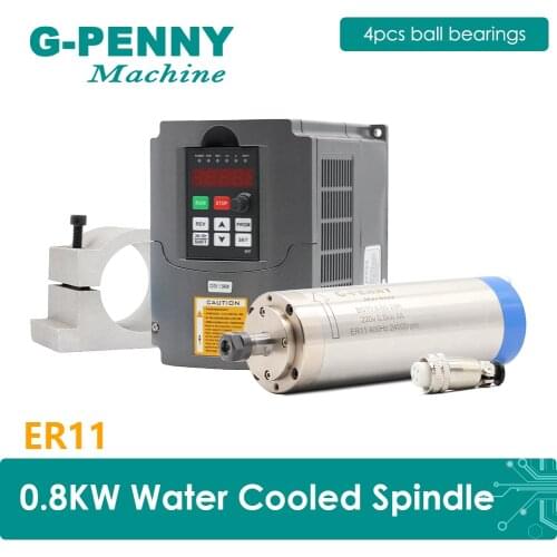 220V 800w ER11 CNC Water Cooling Spindle Motor 65x195mm 4 Bearings Wood Working & 1.5kw VFD Frequency Driver Speed Control