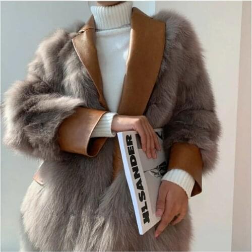 Winter Faux Fur Coat Suit Collar Leather Patchwork Fake Fox Fur Jacket Fashion Women Thick Warm Mid-Length Outerwear High Street