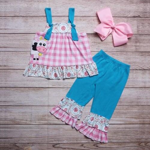 Fashionable Pure Cotton Baby Girls Suit Pink Plaid Sleeveless Cow With Cow Embroidered Top And Blue Lace Trousers Baby Clothes