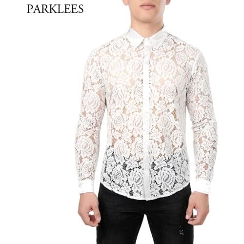 Mens Mesh See Through Flower Lace Sheer Shirt Long Sleeve Sexy Clubwear Dress Shirts Party Event Prom Transparent Chemise Homme