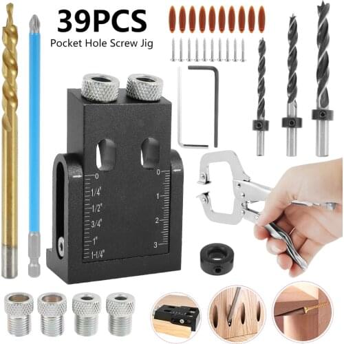 39 Pcs Pocket Hole Jig Kit 15 Degree Adjustable Oblique Hole Holder Woodworking Inclined Hole Fixer Puncher Locator Drill Bit