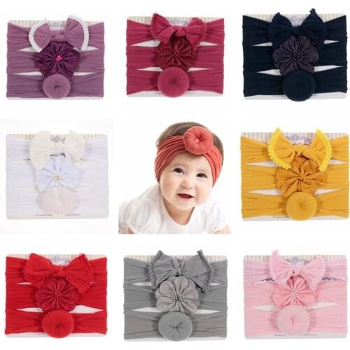 Nishine New 3pcs/lot Fashion Baby Nylon Bow Flower Headband Newborn Bowknot Round Ball Headwraps Girl Kids Hair Bands