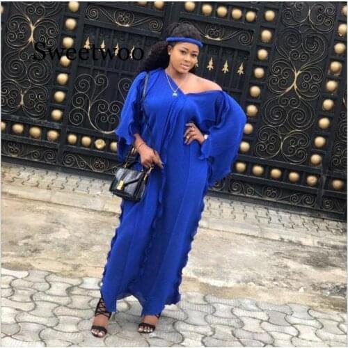 New Spring Summer Elegent Fashion Style African Women V-neck Short Sleeve Plus Size Long Dress With Belt Blue Red Gray