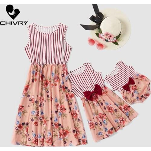 New 2020 Mother Daughter Dresses Sleeveless Stripe Floral Patchwork Dress Mom and Daughter Sundress Family Matching Clothes