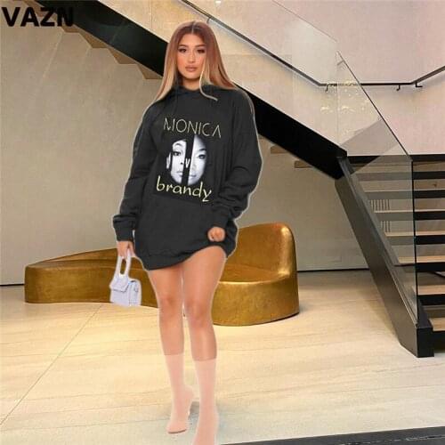 VAZN 2020 Autumn High Quality Classic Black Letter Simple Nature Daily Casual Young Hooded Full Sleeve Women Straight Mini Dress