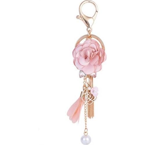 Charm Pink Rose Flowers Keychain Gold Color Crystal Bow Chain Tassel Key Ring Porte Clef Bag Pendant Jewelry hot sale