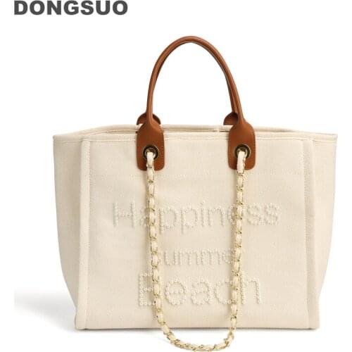 Women designer bead pearl bag canvas totes handbag with genuine leather handle summer casual large capacity purse beach bag