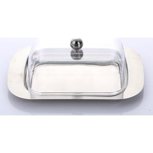 Realand Top Stainless Steel Butter Dish Box Container Cheese Server Storage Keeper Tray with See-through Acrylic Easy Lid