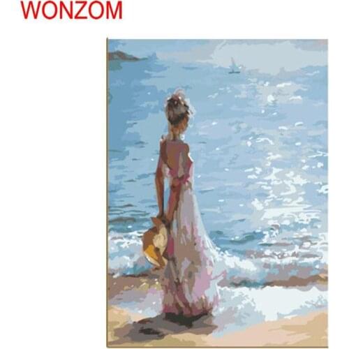 WONZOM Beach Wall Pictures Painting By Numbers DIY HandPainted Sea Girl Canvas Poster For Home Decor Gift Coloring By Numbers