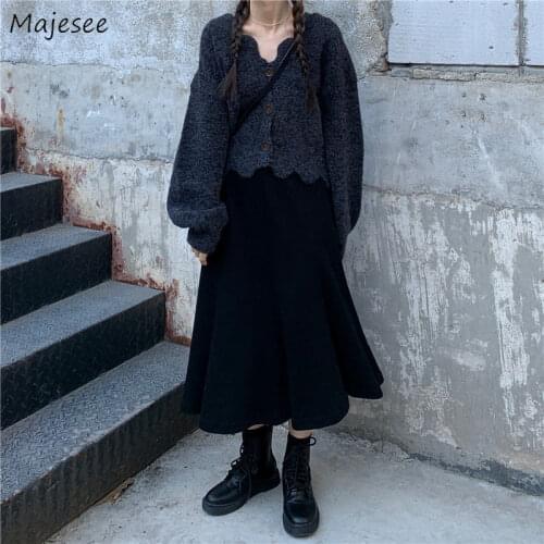 Women Sets Autumn Solid Lantern Sleeve Single Breasted Design Cardigan A-line High Waist Simple Skirts Sweet Korean Style Trendy