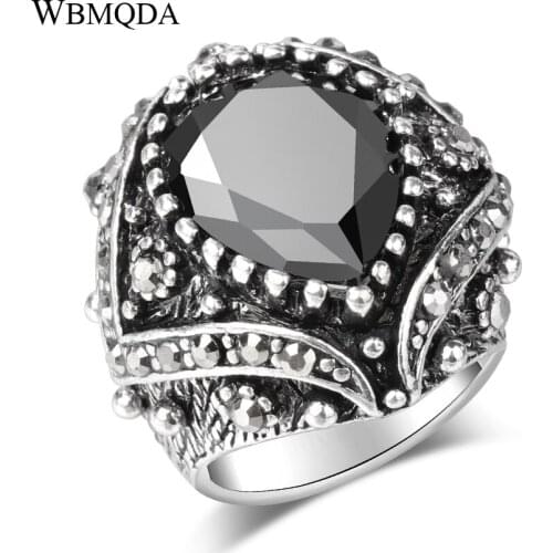 Luxury Gothic Black Crystal Ring Vintage Big Silver Color Punk Rock Rings For Women Statement Jewelry 2018 Free Shipping