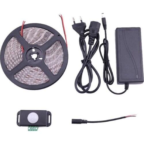 5m 12 Volt 5050 LED Strip Lamp 60 led/m with PIR Motion Sensor 6A and AC 110V 220V to DC 12 V Adapter Kit Warm white Cold white