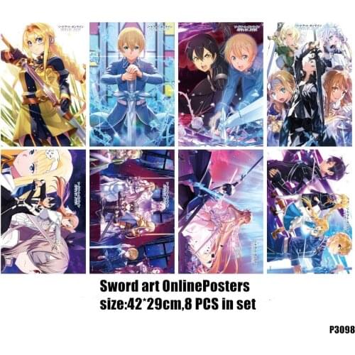 8pcs/lot Sword Art Online Posters SAO Anime Paintings 2 sizes 58x42CM 8 different designs High quality Embossed free ship