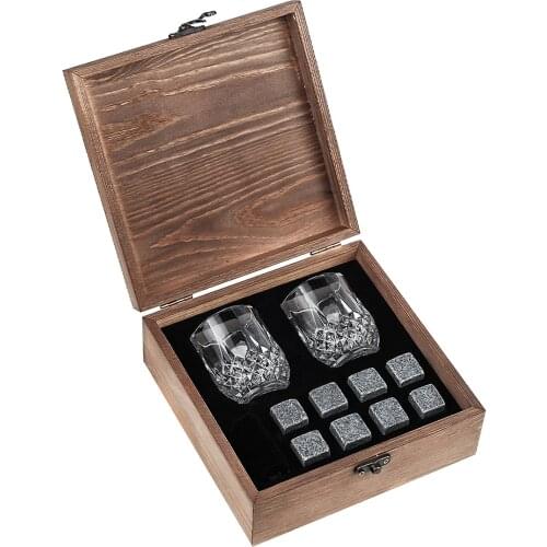 8pcs Whiskey Stones Set Chilling Stones 2 Glasses Wooden Box Chilling Rocks Reusable Ice Cubes for Whiskey Wine Beer Juice Cool