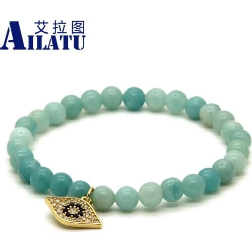 Ailatu 6mm Natural Amazon Stone Beads Micro Inlay Black Zircons Turkish Eye Cz Beads Summer Bracelet