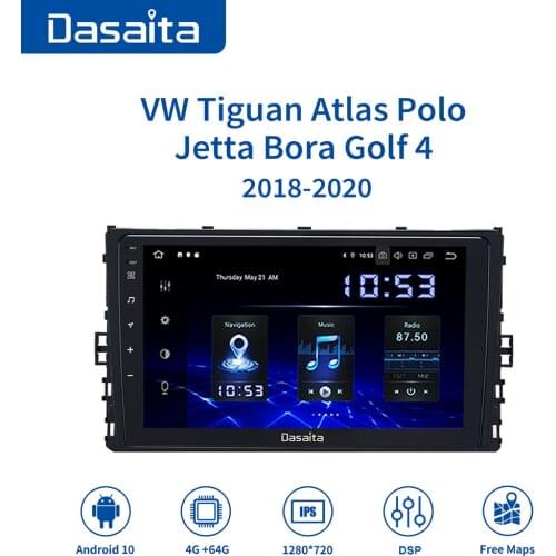 Dasaita Car Android 10.0 Radio for VW Golf Tiguan Atlas Polo Jetta 2018 Radio 9" GPS Multi Touch Screen MAX10 4GB RAM 64GB ROM