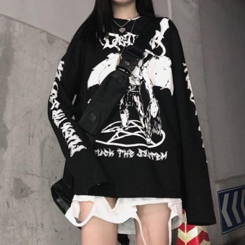 Harajuku demon Print Oversized t-shirt y2k Female clothing Long leeve Casual Vintage black top Punk Gothic T-shirts Loose anime