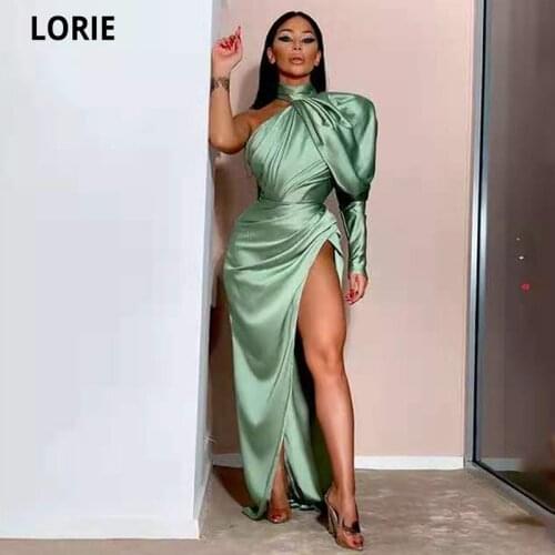 LORIE One Shouldr Emerald Green Satin Evening Dress Mermaid Long Sexy Side Split Prom Party Gowns Halter Neck Celebrity Dresses