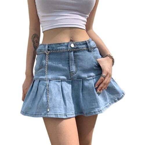 Women Sexy High Waist Pleated Ruffles Mini Denim Skater Skirt Harajuku Solid Color Lolita Summer Slim Swing Streetwear