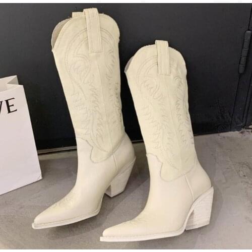 Fashion embossed leather women boots pointed toe western cowboy boots women Knee-High boots chunky wedges white leather boots